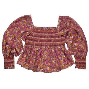 Hale Bob Floral Smocked Peplum Blouse Long Sleeve Cotton Size XL